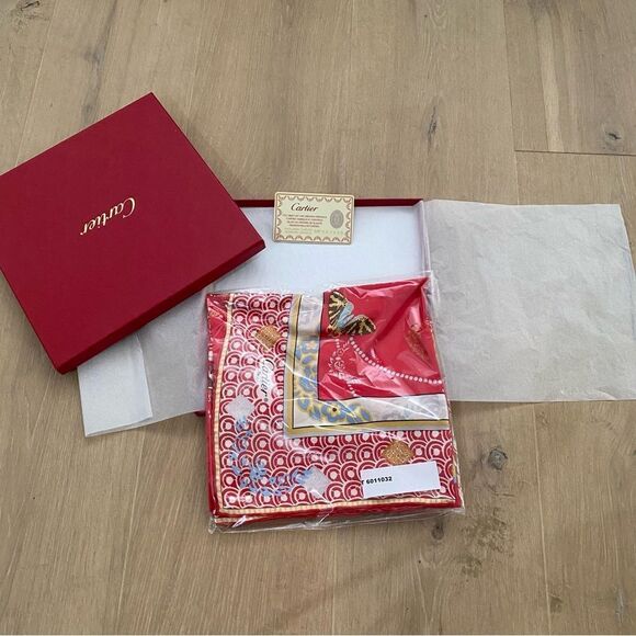Cartier Accessories - NEW Cartier Paris Red White Silk Crepe Butterflies Moth Square Scarf Shawl